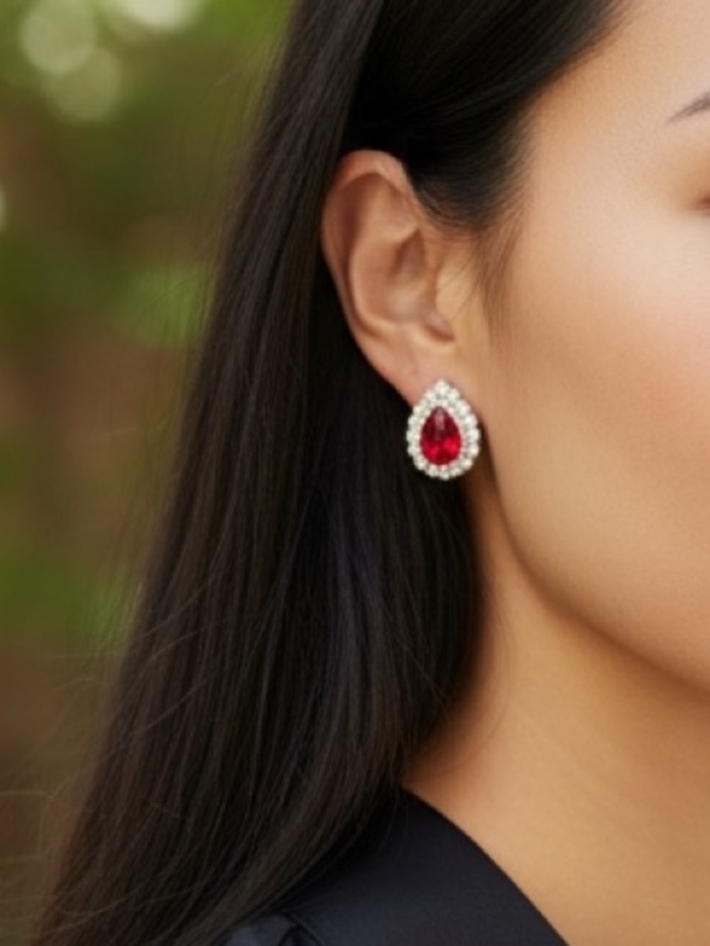 NWT Monet Red Ruby Crystal Teardrop Halo Stud Earrings Gold Tone